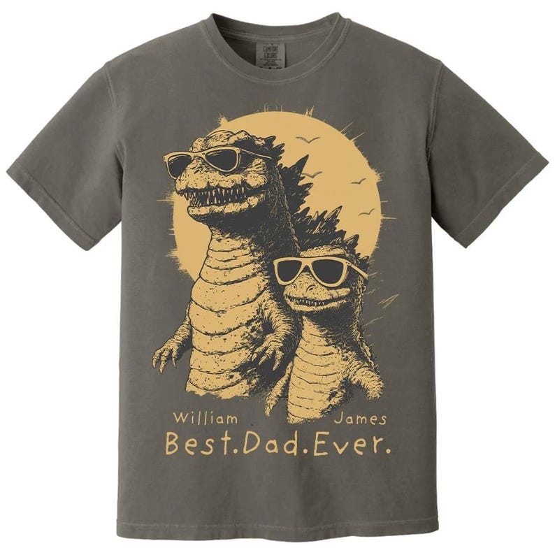 Personalized "Best Dad Ever" Godzilla Family Shirt - Custom Kid Names Retro Dinosaur Tee