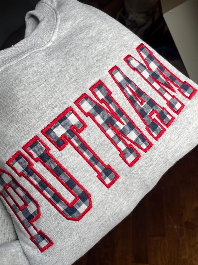 Custom Gingham Applique Sweatshirt Personalized Patchwork Game Day Crewneck for Women and Sports Fans