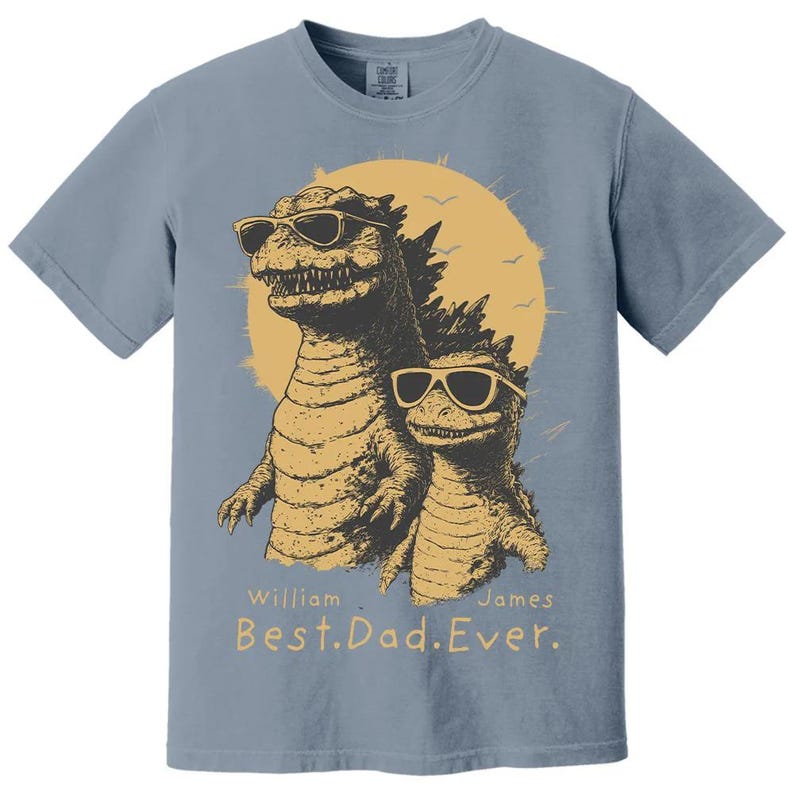 Personalized "Best Dad Ever" Godzilla Family Shirt - Custom Kid Names Retro Dinosaur Tee