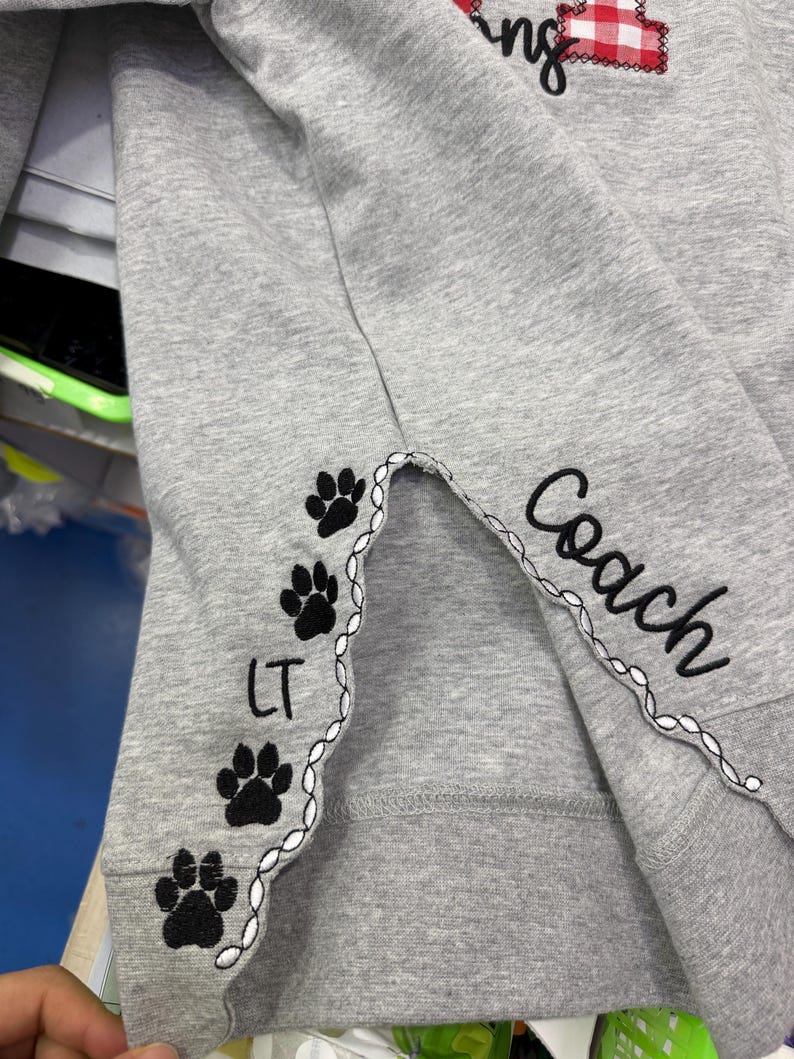 Custom Gingham Applique Side Slit Crewneck Sweatshirt, Personalized Mascot Paw Embroidery Game Day Pullover