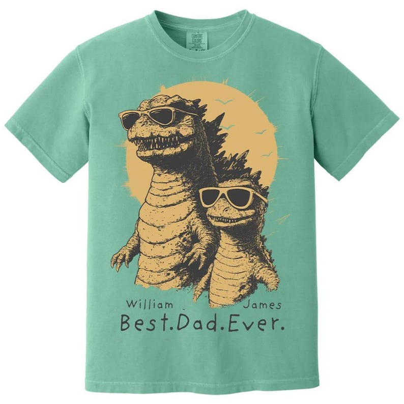 Personalized "Best Dad Ever" Godzilla Family Shirt - Custom Kid Names Retro Dinosaur Tee