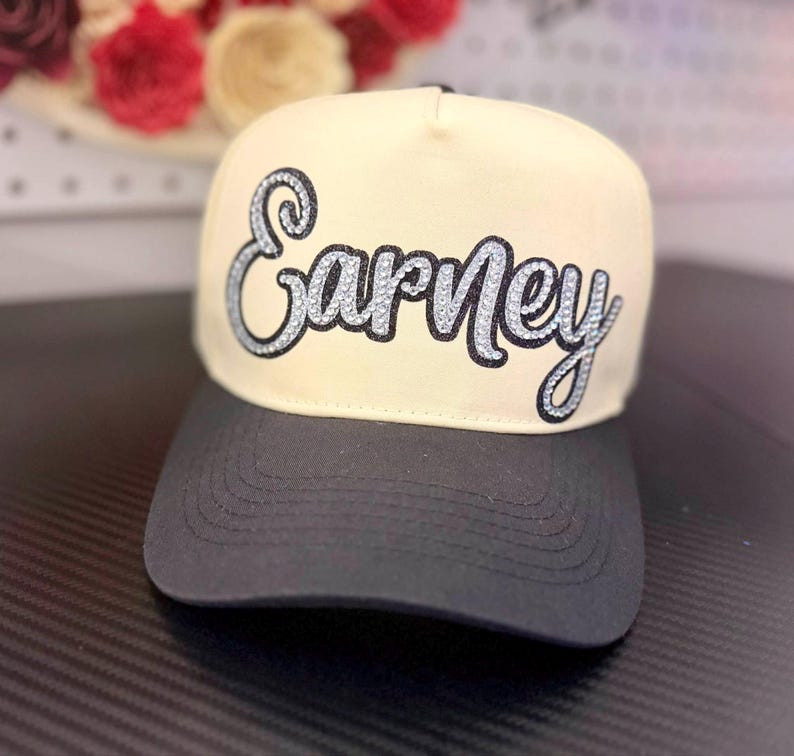 Custom Glitter Rhinestone Script Patch Two Tone Sports Trucker Cap