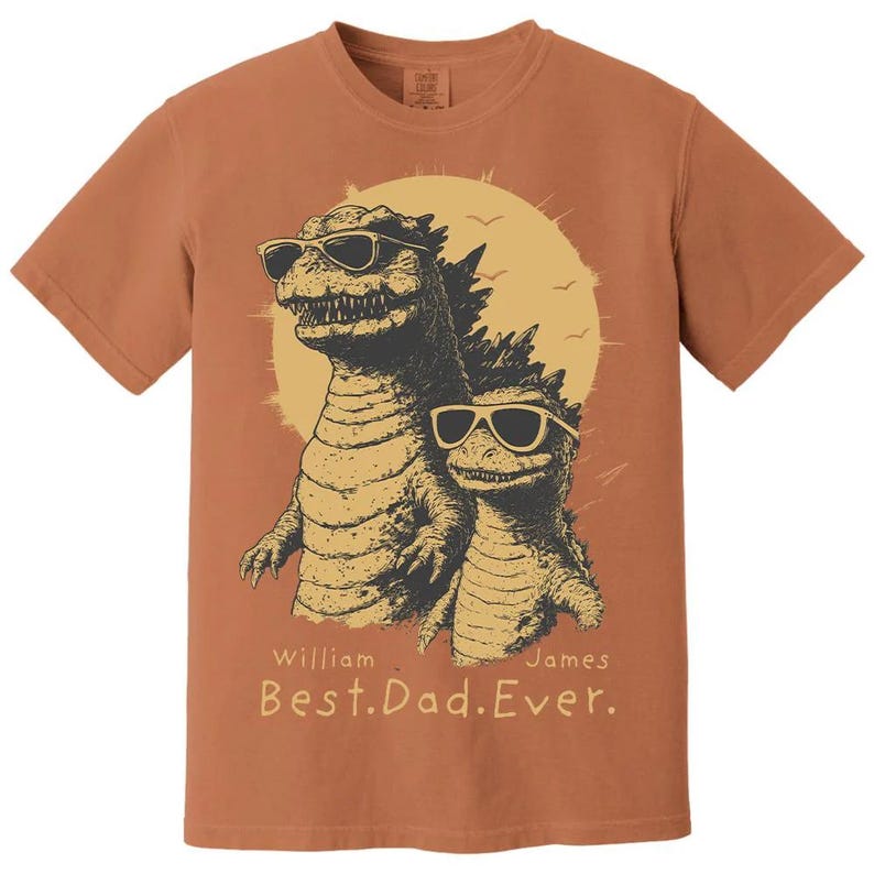 Personalized "Best Dad Ever" Godzilla Family Shirt - Custom Kid Names Retro Dinosaur Tee
