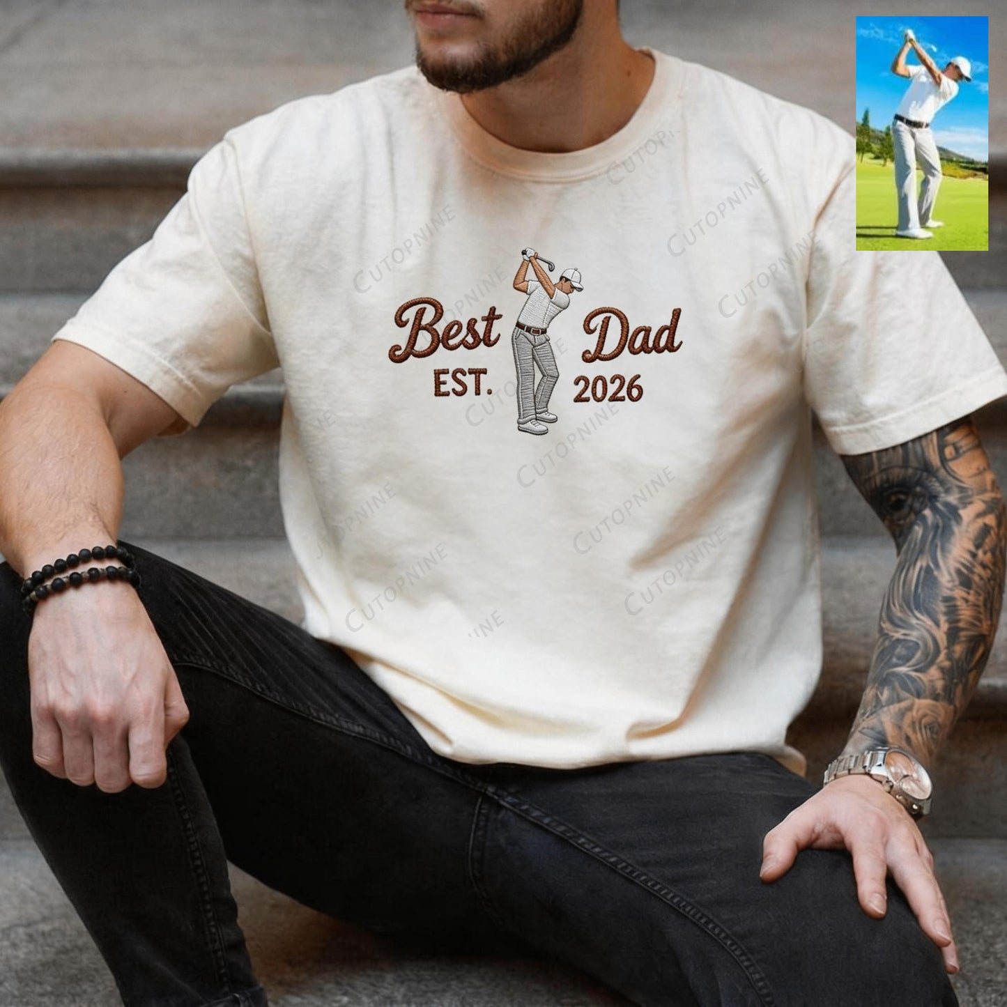 "Best Dad EST" Golf Dad Embroidered Shirt, Personalized Year Golf T-Shirt