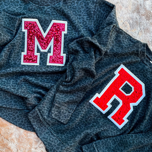 Custom Sequin Varsity Letter Embroidered Leopard/Cheetah Crewneck Sweatshirt