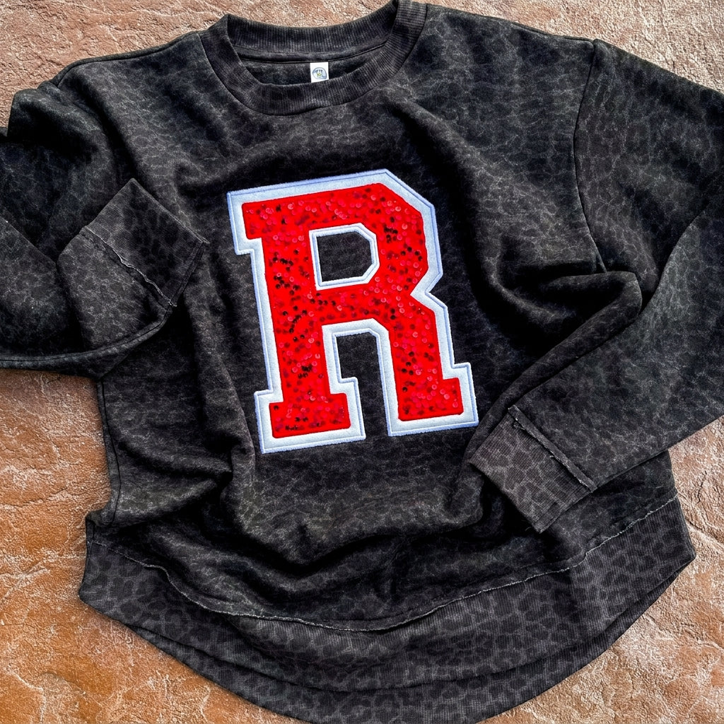 Custom Sequin Varsity Letter Embroidered Leopard/Cheetah Crewneck Sweatshirt