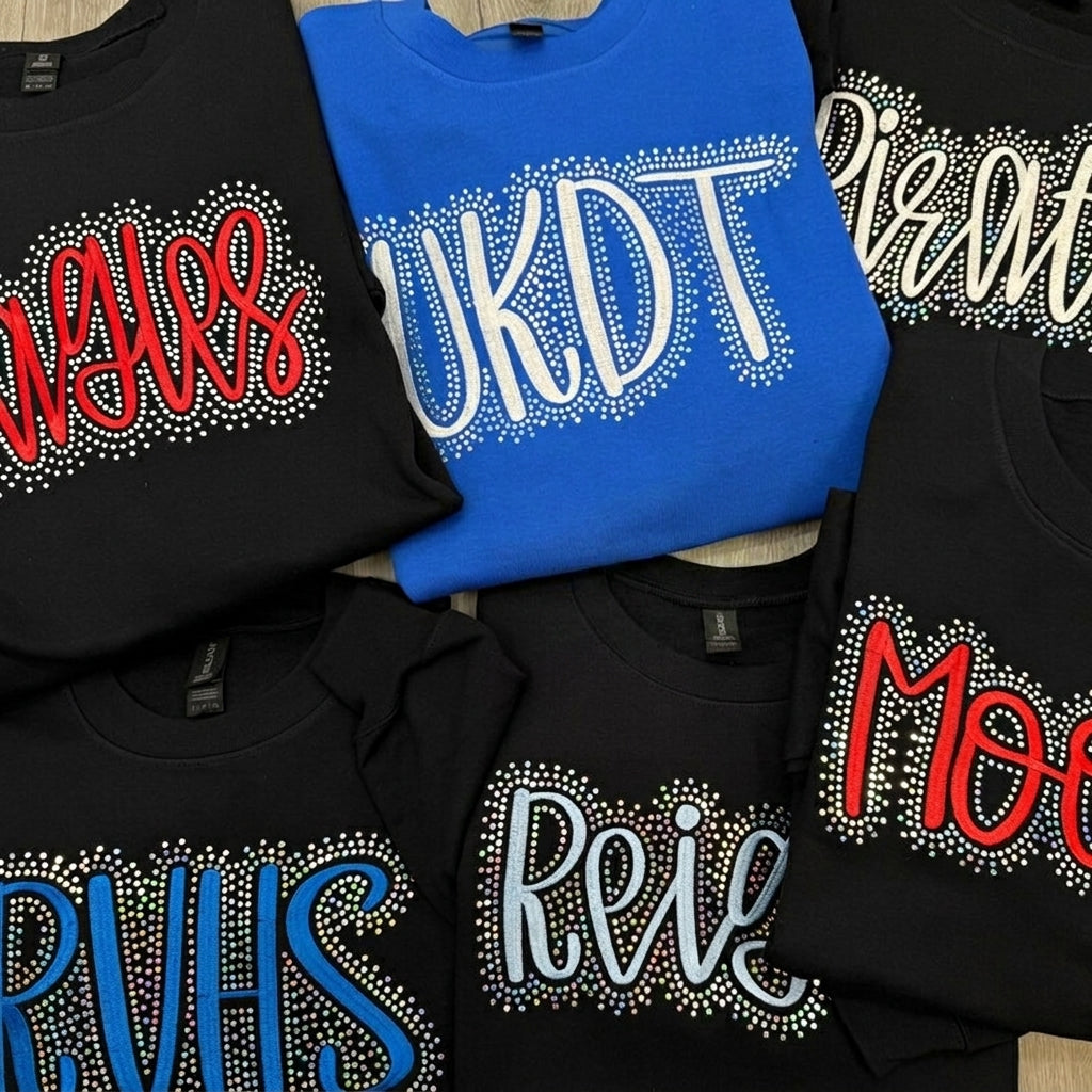 Custom Rhinestone Surround Script Embroidery Sports Crewneck Sweatshirt
