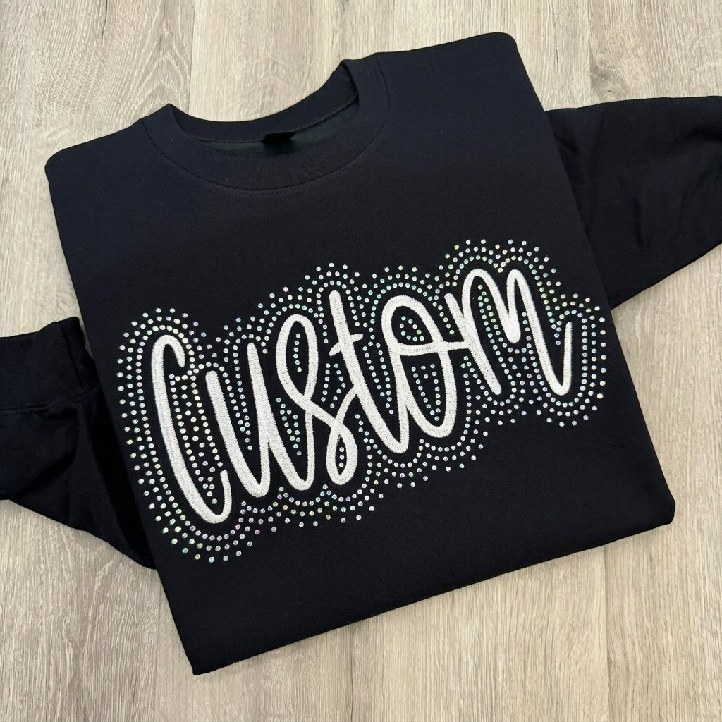 Custom Rhinestone Surround Script Embroidery Sports Crewneck Sweatshirt