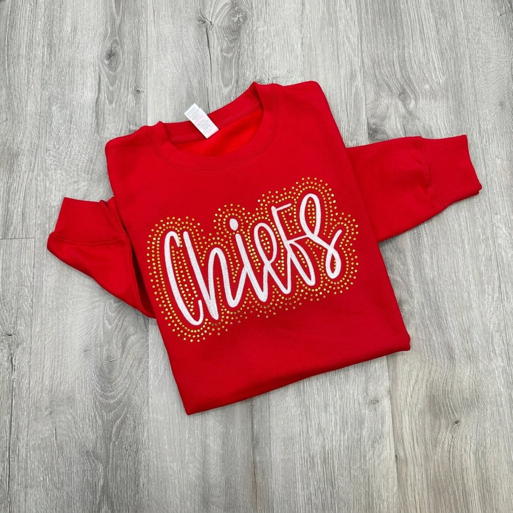 Custom Rhinestone Surround Script Embroidery Sports Crewneck Sweatshirt