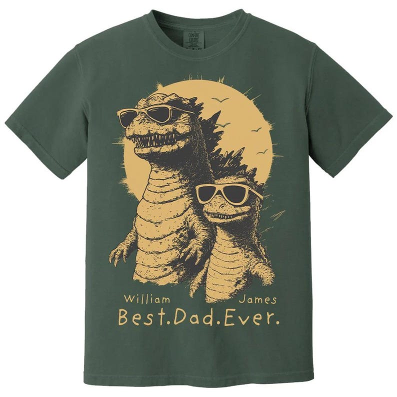 Personalized "Best Dad Ever" Godzilla Family Shirt - Custom Kid Names Retro Dinosaur Tee