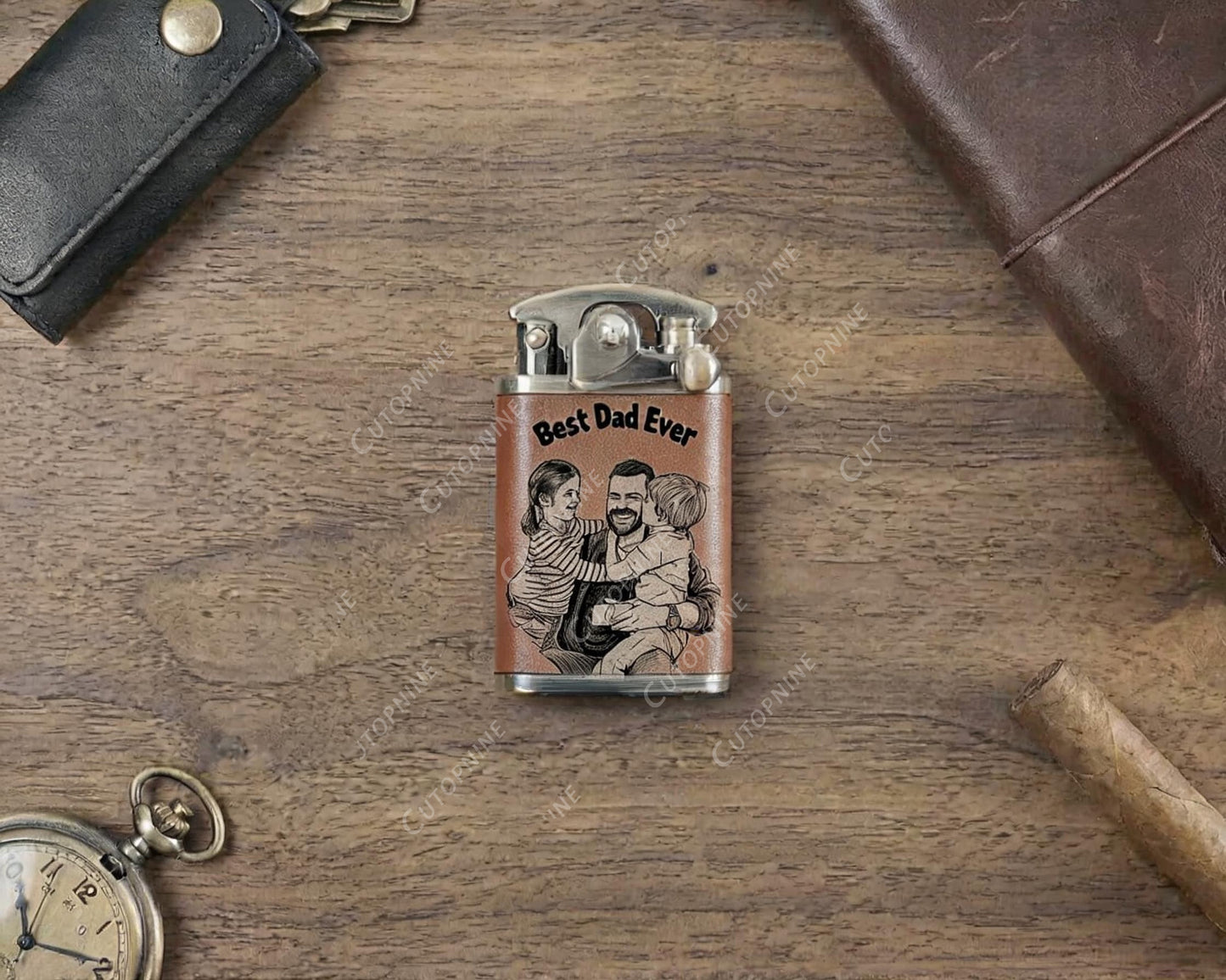 Best Dad Ever Custom Engraved Leather Cover Lighter, Personalized Father’s Day Keepsake Lighter (Fuel Not Included)