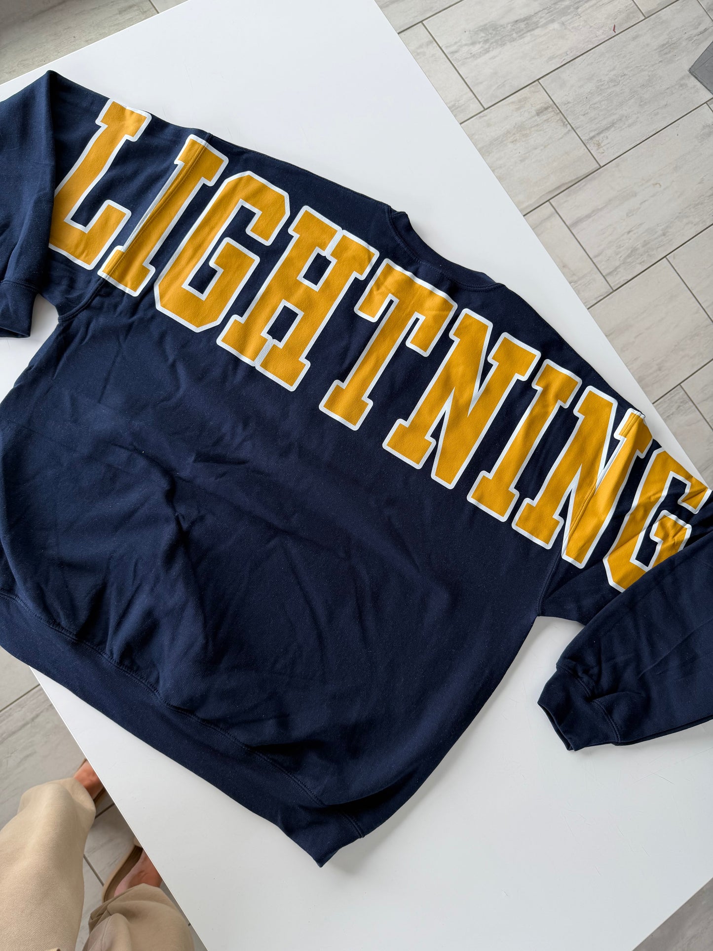 Custom Back Print Varsity Crewneck Sweatshirt, Personalized Team Name Mascot Game Day Spirit Pullover