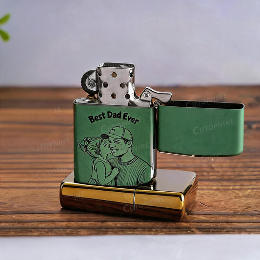 Custom Photo Engraved Flip Top Metal Lighter, Personalized Portrait Text Dad Gift Lighter (No Fuel Included)