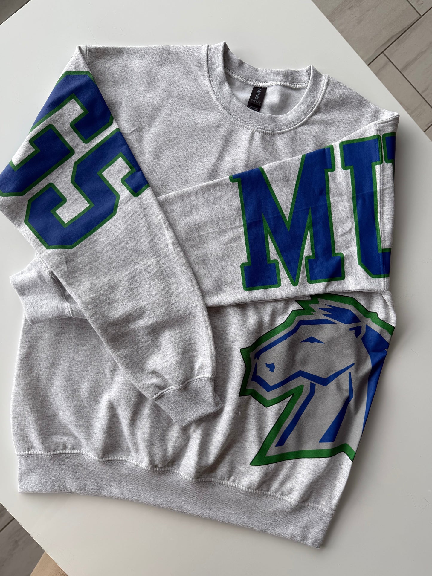 Custom Back Print Varsity Crewneck Sweatshirt, Personalized Team Name Mascot Game Day Spirit Pullover