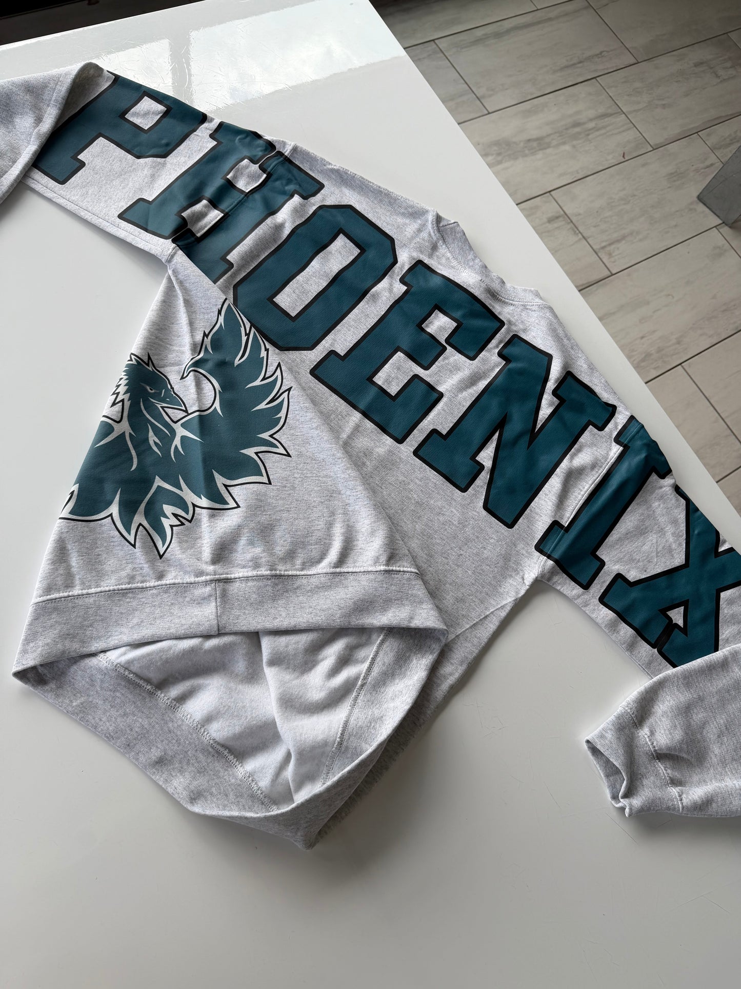 Custom Back Print Varsity Crewneck Sweatshirt, Personalized Team Name Mascot Game Day Spirit Pullover