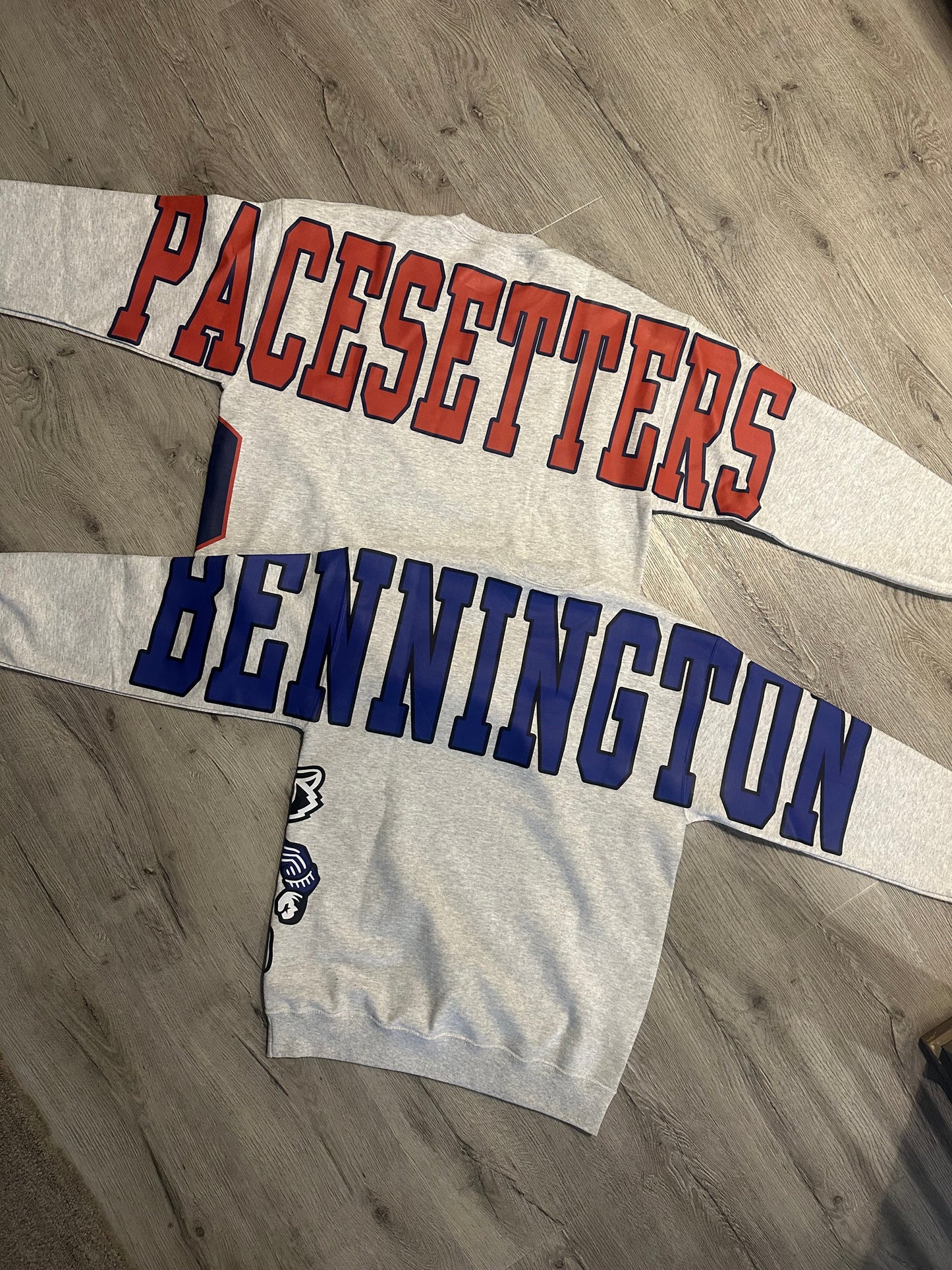 Custom Back Print Varsity Crewneck Sweatshirt, Personalized Team Name Mascot Game Day Spirit Pullover