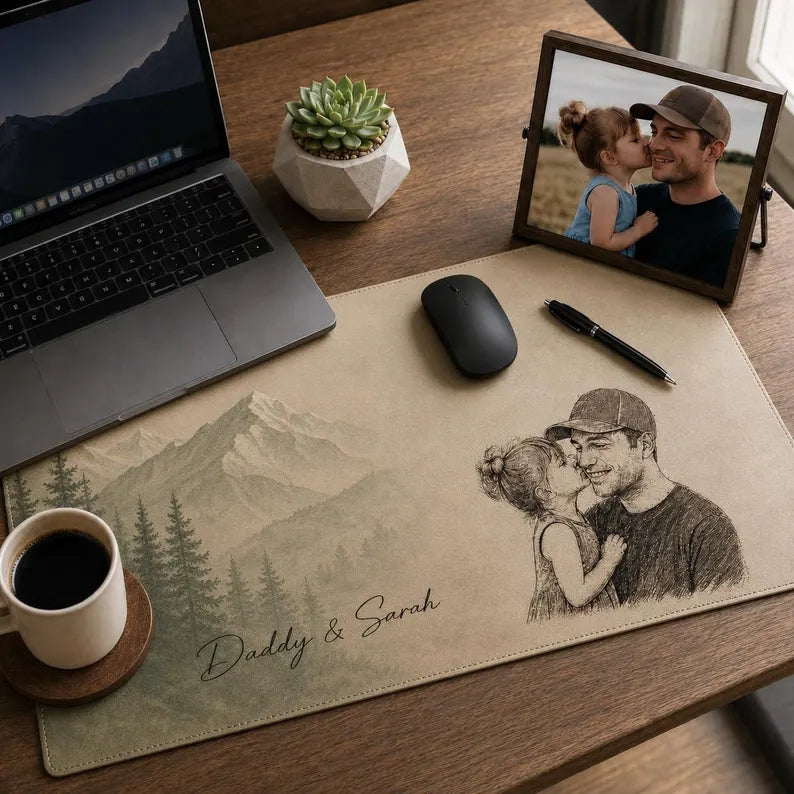 Custom Slogan Photo Sketch Desk Mat, Father’s Day Gift for Dad/Grandpa