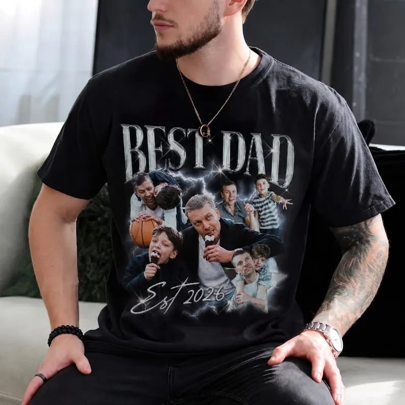 Custom Photo Best Dad Ever T-Shirt - Personalized Vintage Lightning Tee for Father's Day