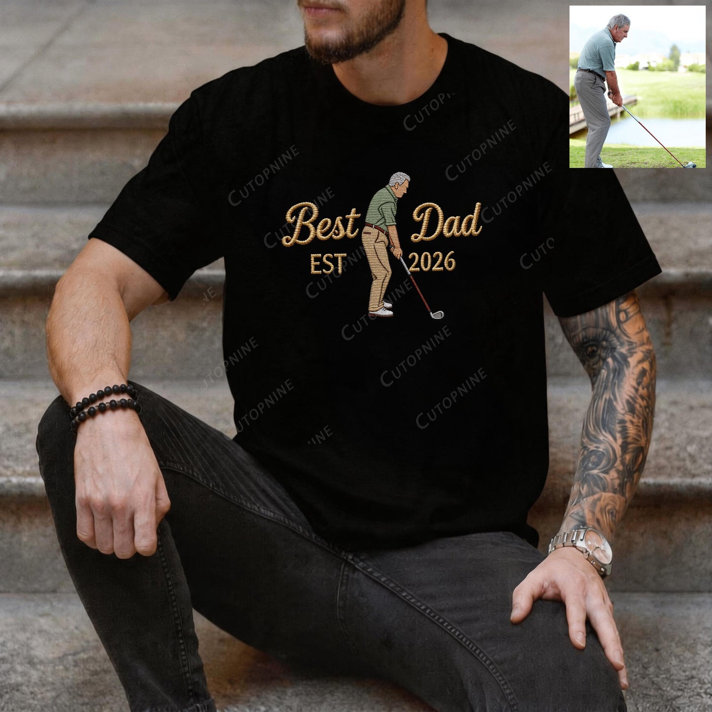 "Best Dad EST" Golf Dad Embroidered Shirt, Personalized Year Golf T-Shirt