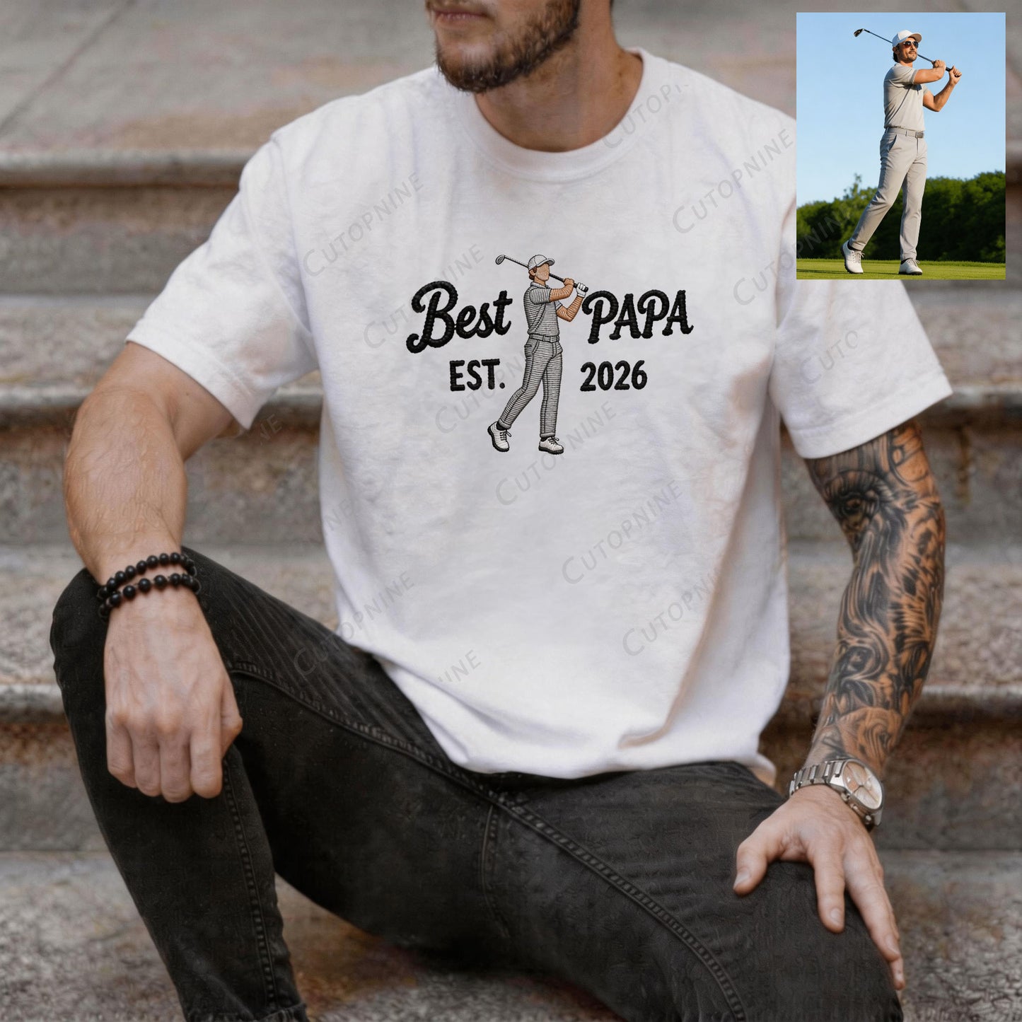 "Best Dad EST" Golf Dad Embroidered Shirt, Personalized Year Golf T-Shirt