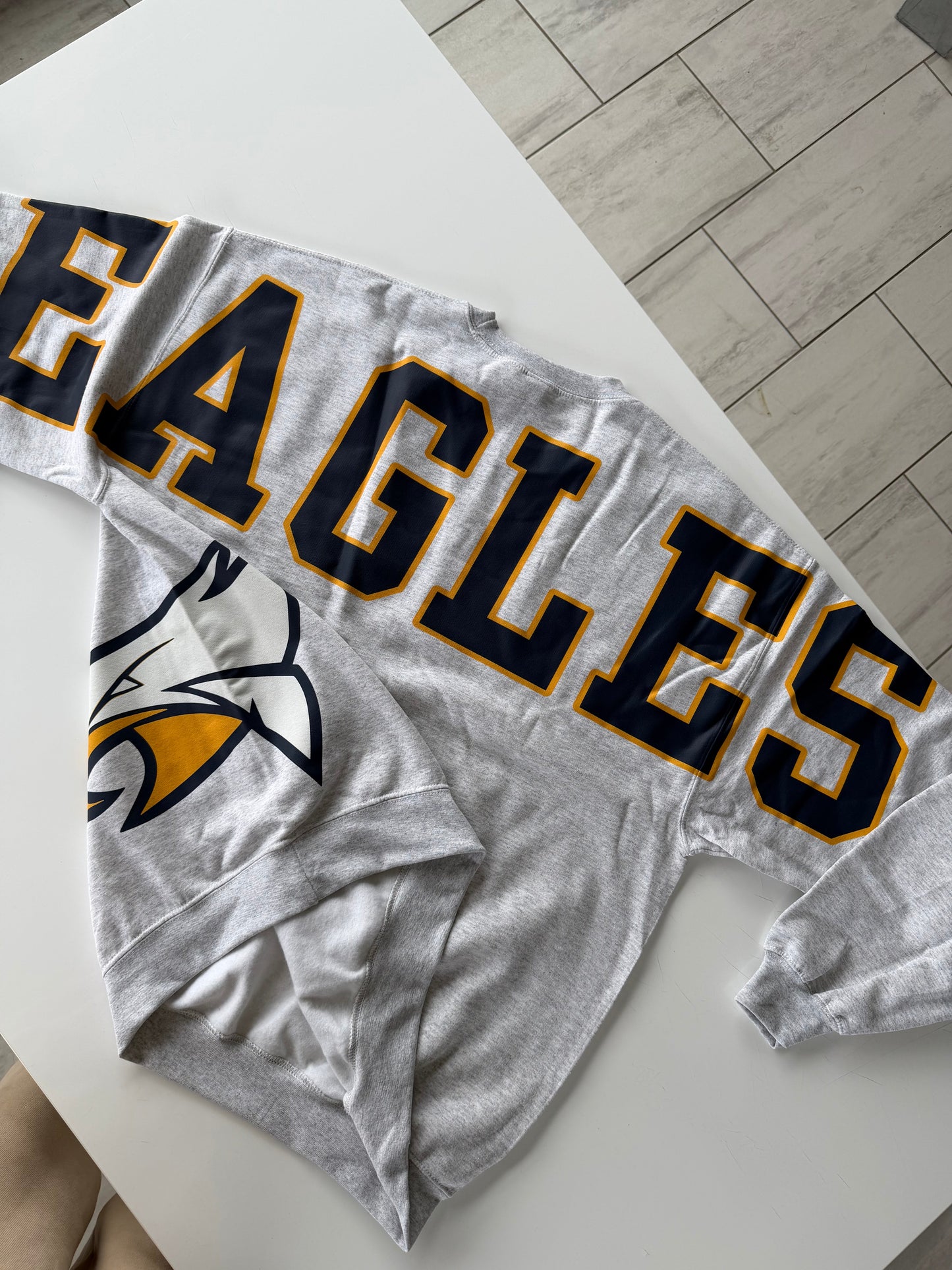 Custom Back Print Varsity Crewneck Sweatshirt, Personalized Team Name Mascot Game Day Spirit Pullover