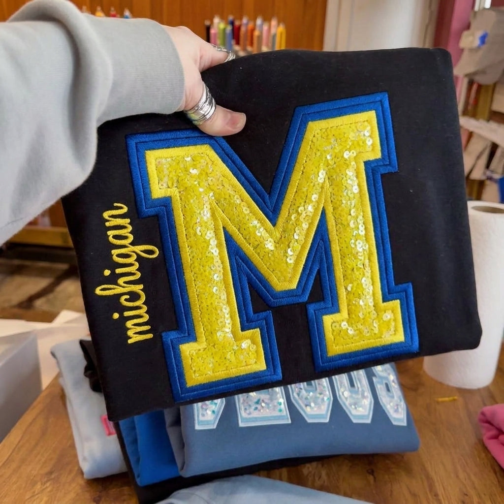 Custom Sequin Varsity Letter Sweatshirt Personalized College Football Game Day Embroidery Crewneck