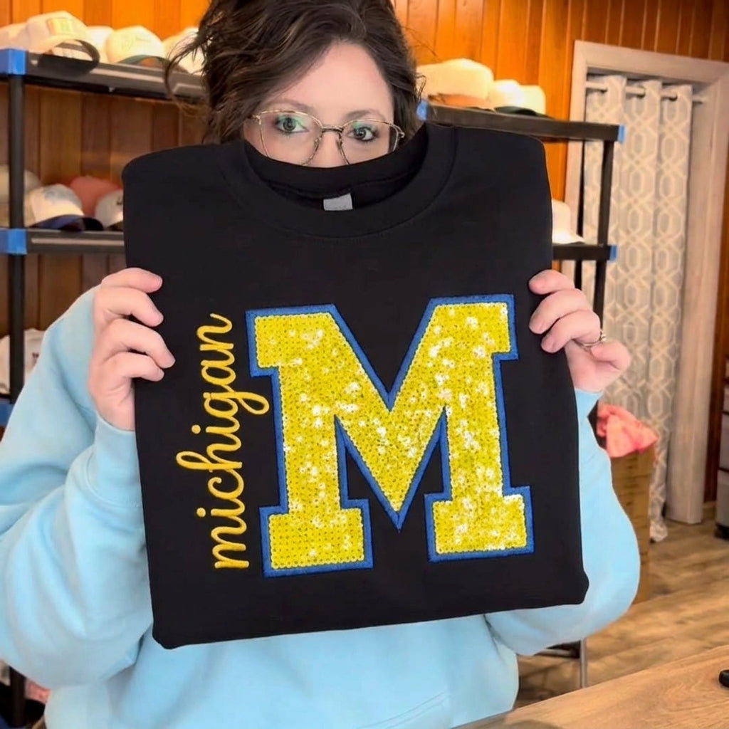 Custom Sequin Varsity Letter Sweatshirt Personalized College Football Game Day Embroidery Crewneck