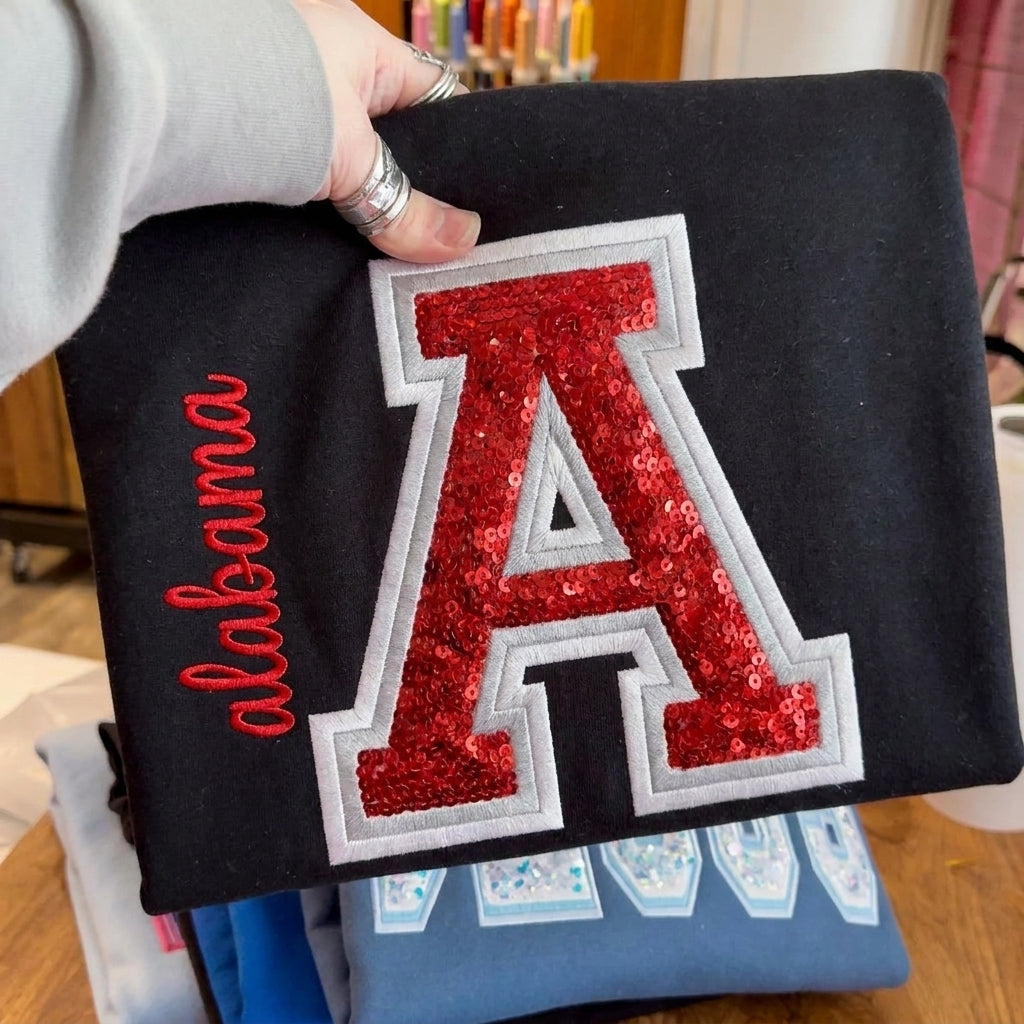 Custom Sequin Varsity Letter Sweatshirt Personalized College Football Game Day Embroidery Crewneck