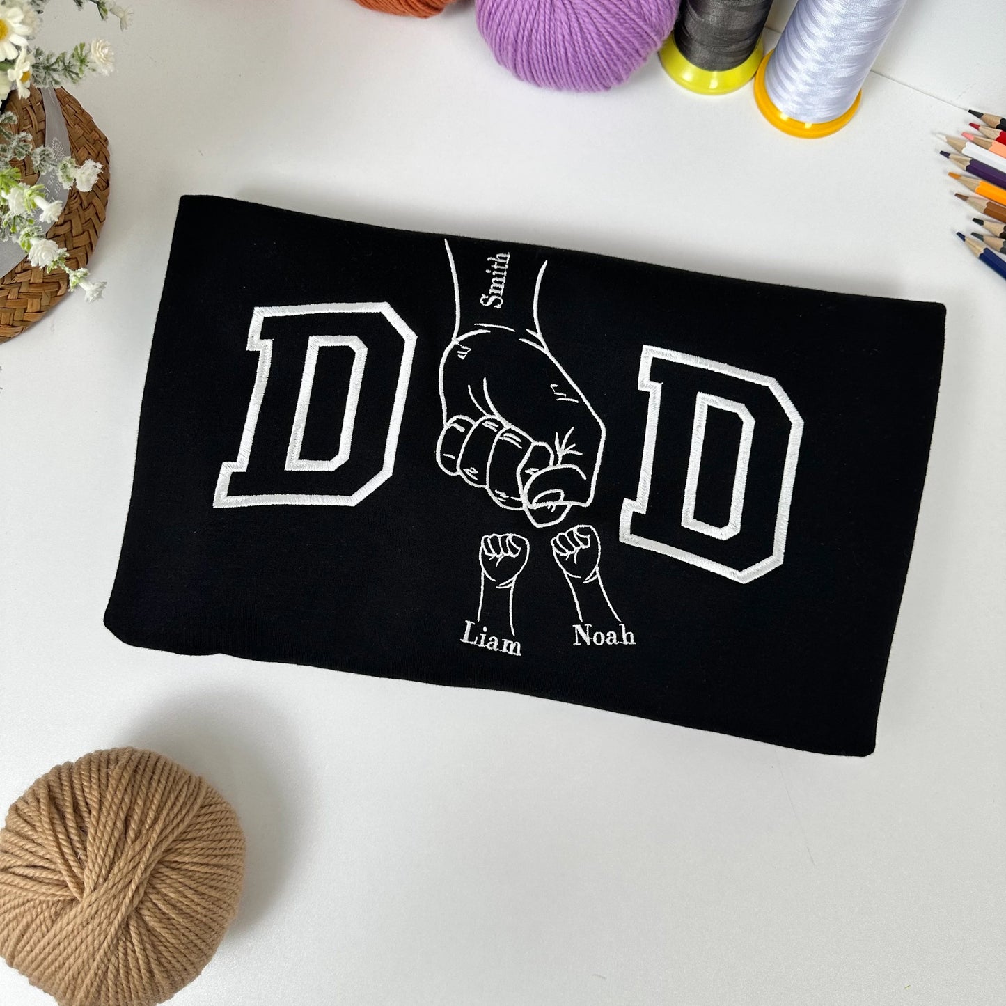 Custom Fist Bump Embroidered Dad Sweatshirt, Personalized Family Name Design