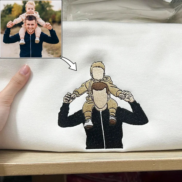 Custom Photo Turn Into Embroidery Dad Sweatshirt, Personalized Family Portrait Custom Gift for Dad Papa