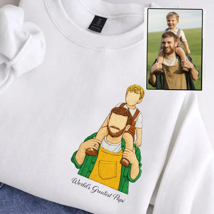 Custom Photo Turn Into Embroidery Dad Sweatshirt, Personalized Family Portrait Custom Gift for Dad Papa