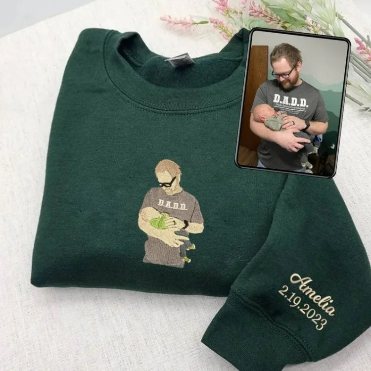 Custom Photo Turn Into Embroidery Dad Sweatshirt, Personalized Family Portrait Custom Gift for Dad Papa