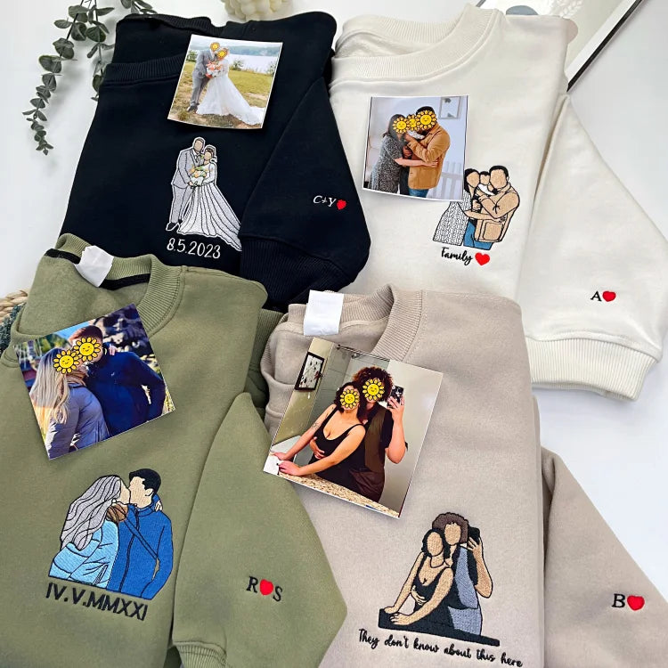 Custom Photo Turn Into Embroidery Dad Sweatshirt, Personalized Family Portrait Custom Gift for Dad Papa