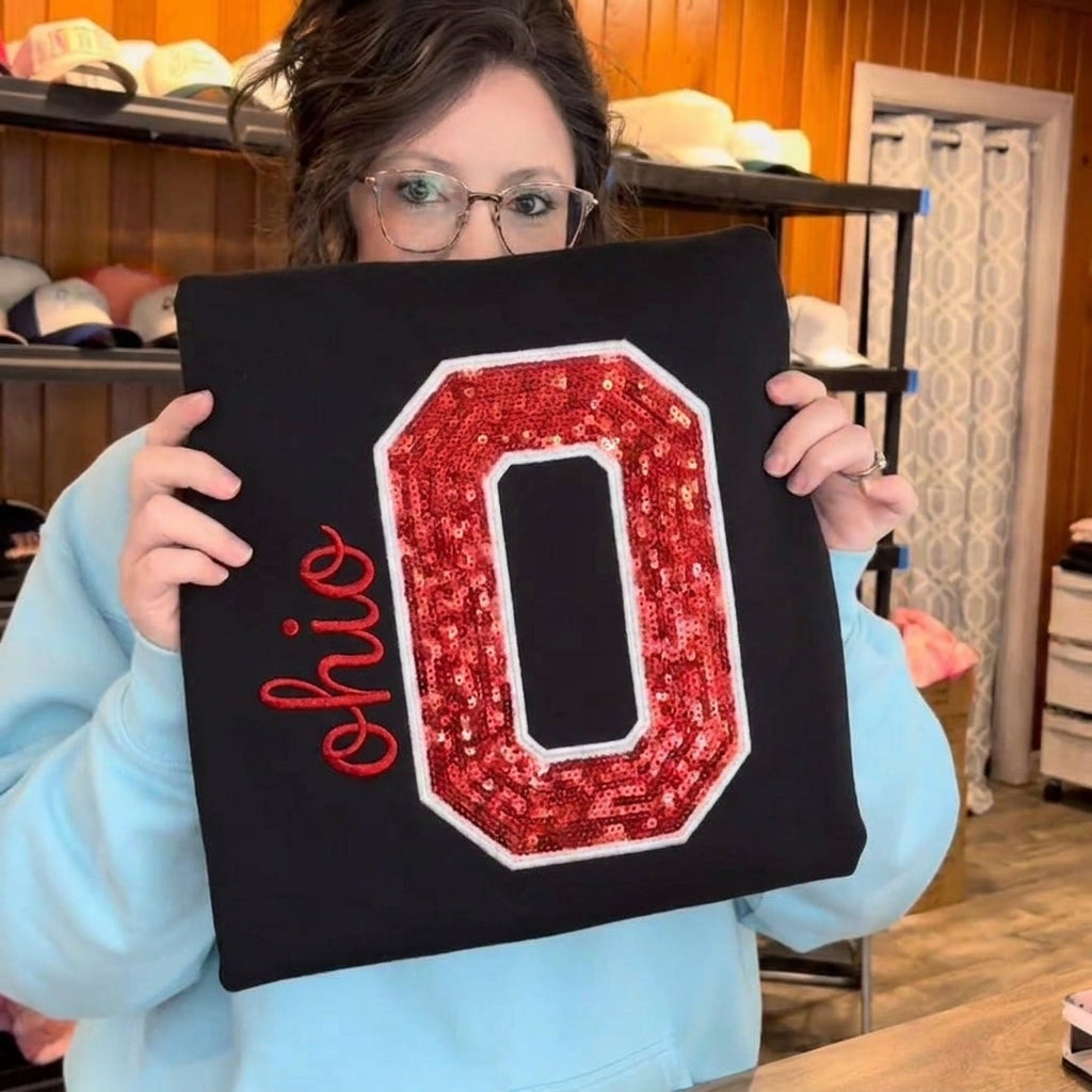 Custom Sequin Varsity Letter Sweatshirt Personalized College Football Game Day Embroidery Crewneck