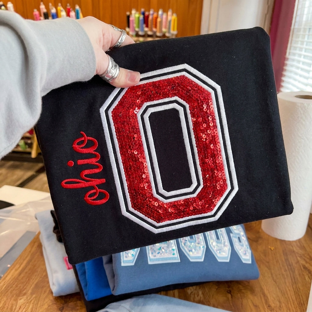 Custom Sequin Varsity Letter Sweatshirt Personalized College Football Game Day Embroidery Crewneck