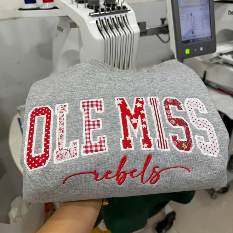 Custom Pattern Fabric Patch Letter Crewneck Sweatshirt, Embroidered Mascot School Team Game Day Pullover