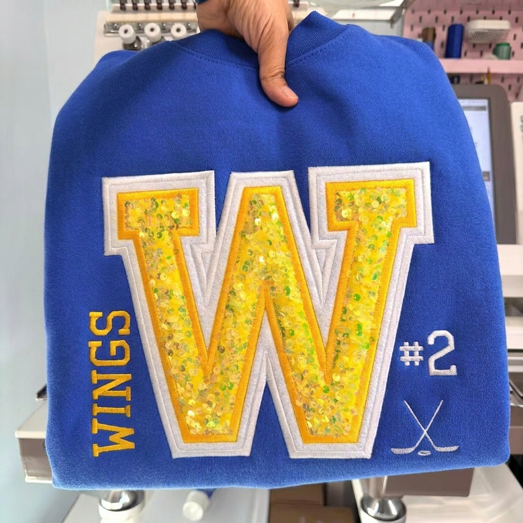 Custom Team Embroidered Varsity Hockey/Soccer Sweatshirt with Player Number and Sequin Lettering for Game Day Sports Fans