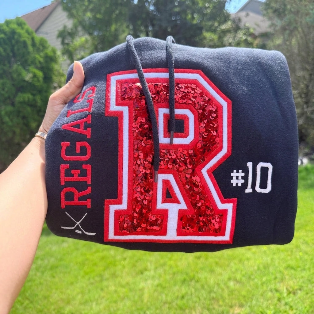Custom Team Embroidered Varsity Hockey/Soccer Sweatshirt with Player Number and Sequin Lettering for Game Day Sports Fans