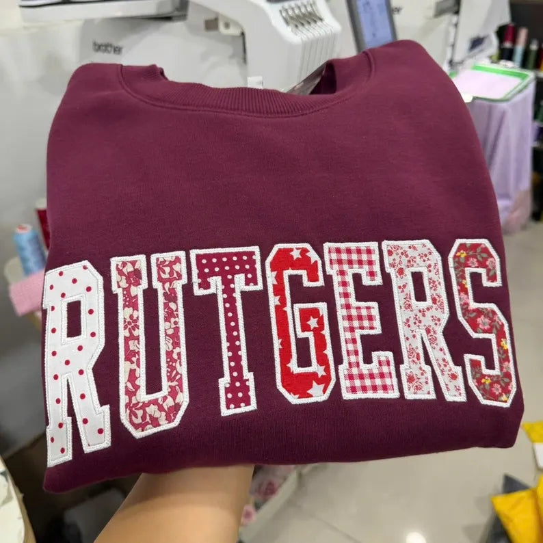 Custom Pattern Fabric Patch Letter Crewneck Sweatshirt, Embroidered Mascot School Team Game Day Pullover