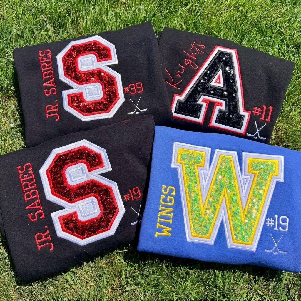 Custom Team Embroidered Varsity Hockey/Soccer Sweatshirt with Player Number and Sequin Lettering for Game Day Sports Fans
