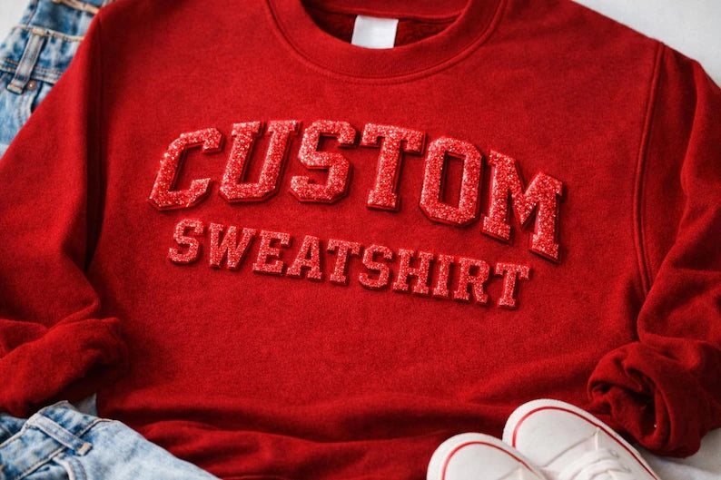 Custom Glitter 3D Puff Print Hoodie & Crewneck Sweatshirt, Personalized Varsity Two-Line Text Game Day Spirit Pullover