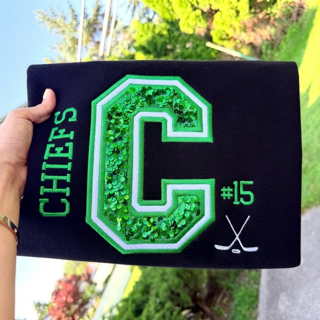 Custom Team Embroidered Varsity Hockey/Soccer Sweatshirt with Player Number and Sequin Lettering for Game Day Sports Fans