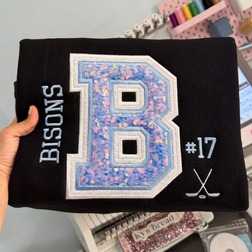 Custom Team Embroidered Varsity Hockey/Soccer Sweatshirt with Player Number and Sequin Lettering for Game Day Sports Fans