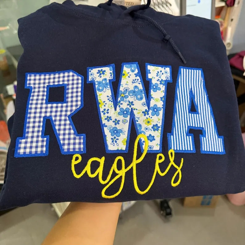 Custom Pattern Fabric Patch Letter Crewneck Sweatshirt, Embroidered Mascot School Team Game Day Pullover