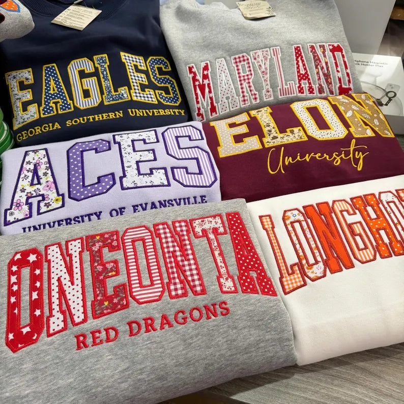 Custom Pattern Fabric Patch Letter Crewneck Sweatshirt, Embroidered Mascot School Team Game Day Pullover