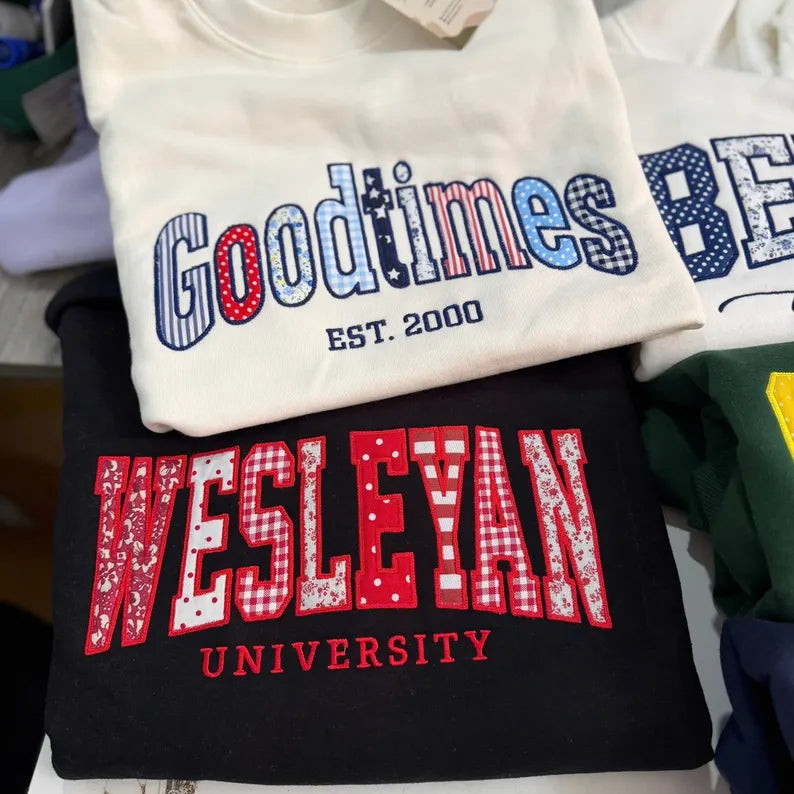 Custom Pattern Fabric Patch Letter Crewneck Sweatshirt, Embroidered Mascot School Team Game Day Pullover