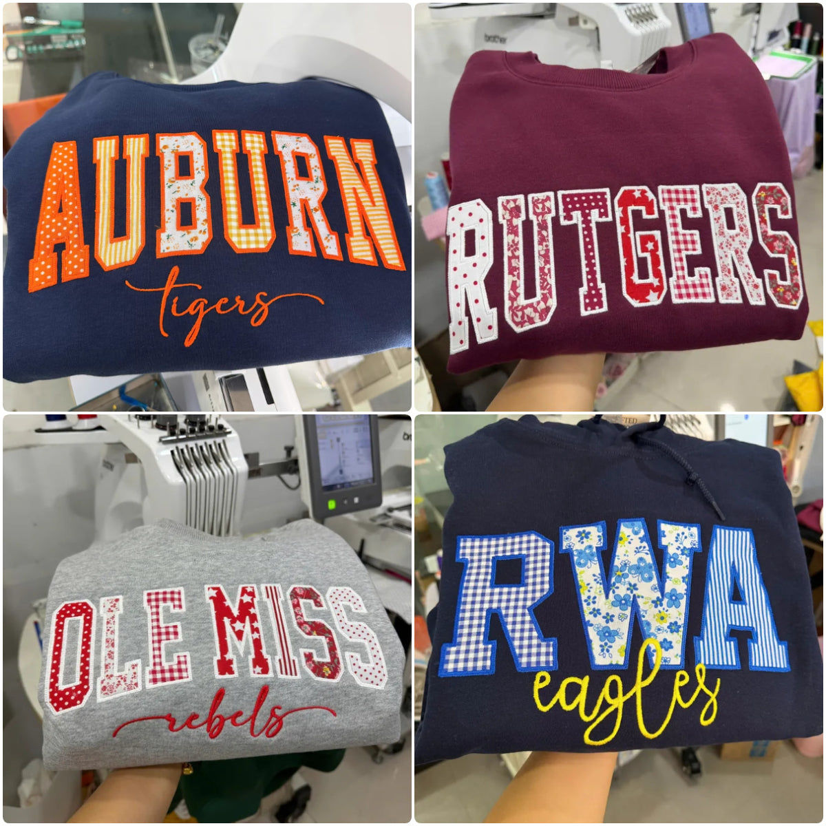 Custom Pattern Fabric Patch Letter Crewneck Sweatshirt, Embroidered Mascot School Team Game Day Pullover