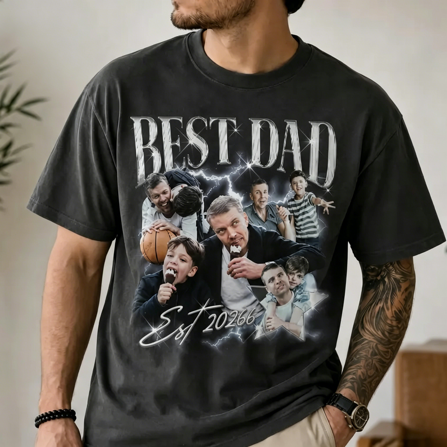Custom Photo Best Dad Ever T-Shirt - Personalized Vintage Lightning Tee for Father's Day
