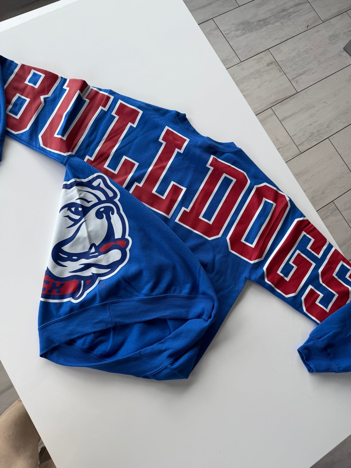 Custom Back Print Varsity Crewneck Sweatshirt, Personalized Team Name Mascot Game Day Spirit Pullover