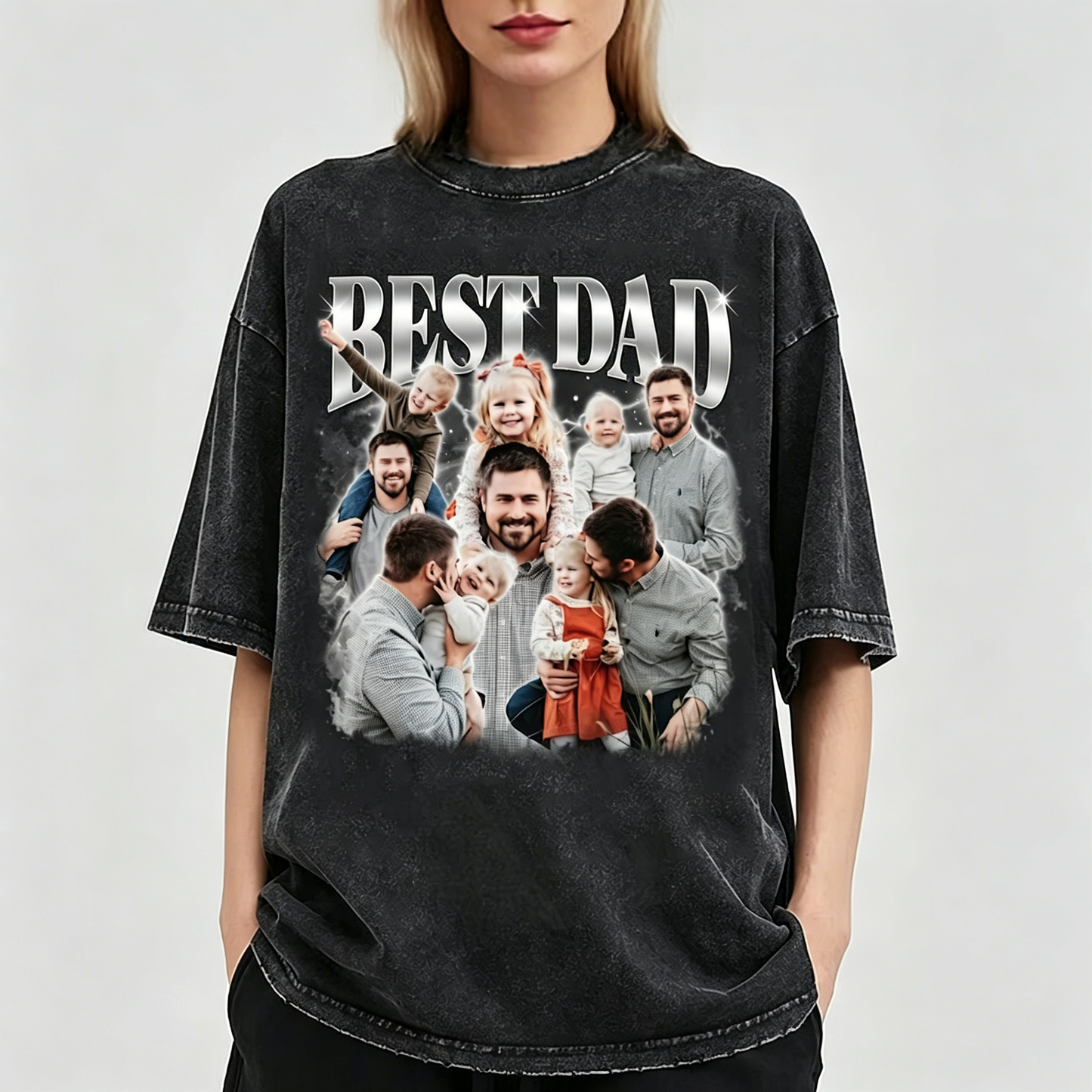 Custom Photo Best Dad Ever T-Shirt - Personalized Vintage Lightning Tee for Father's Day